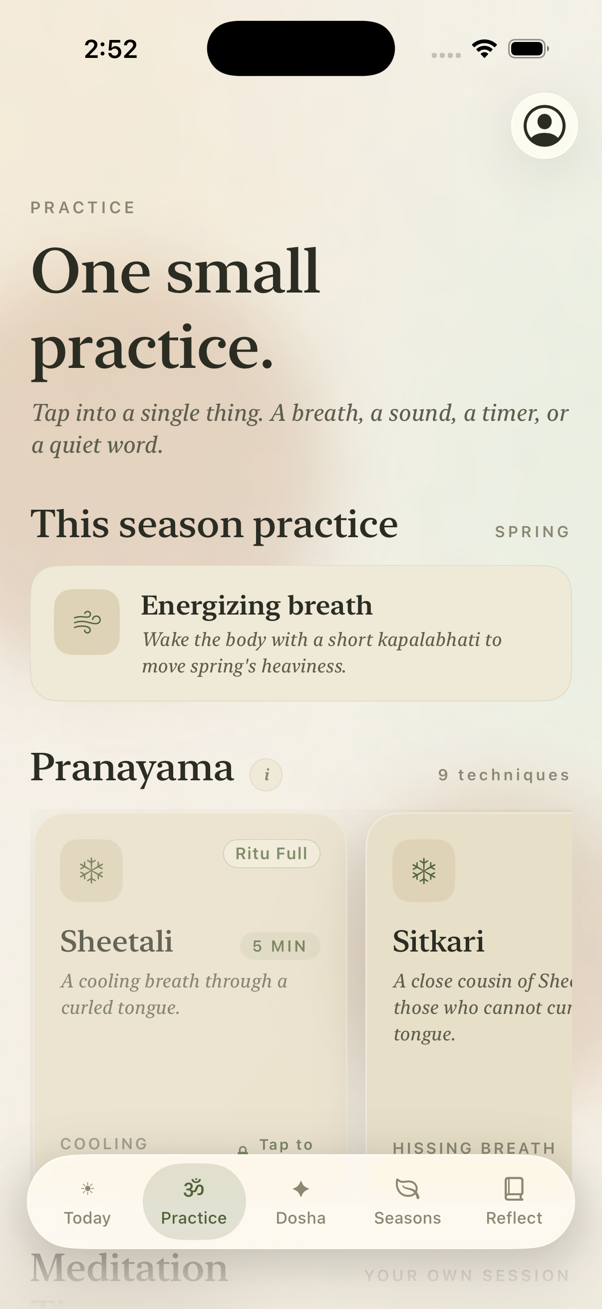 The Ritu Practice screen, showing pranayama techniques chosen by dosha