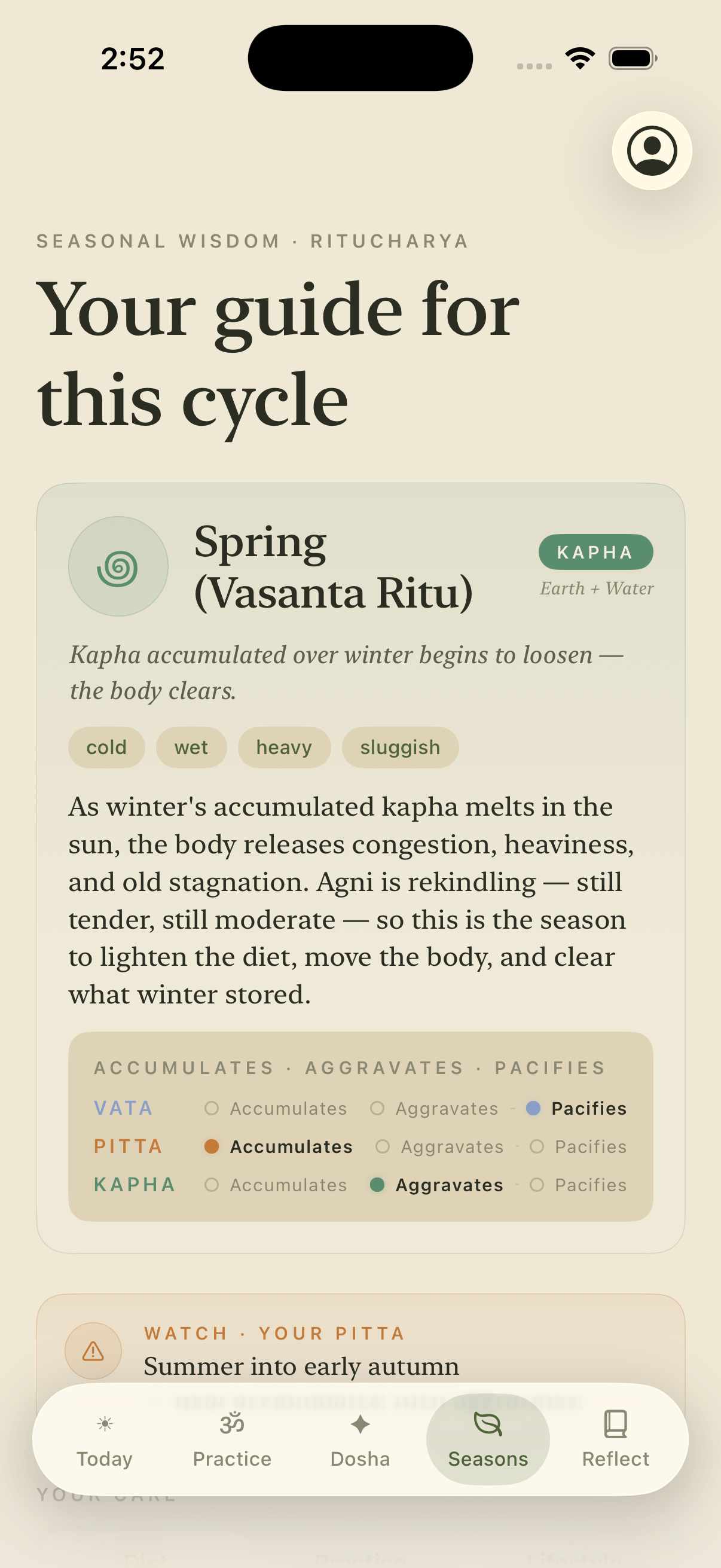 The Ritu Seasons hub, showing the current Ayurvedic phase
